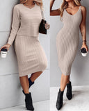 2PCS/Set Cable Knit Long Sleeve Sweater Top & Slip Midi Dress