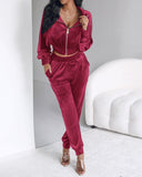 Stand Collar Zipper Design Velvet Coat &Cuffed Pants Tracksuit Set