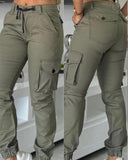 Multiple Pockets Design Cuffed Cargo Pants Slim Fit Trousers