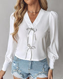 Bowknot Design V Neck Long Sleeve Top