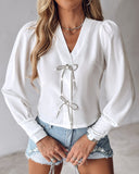 Bowknot Design V Neck Long Sleeve Top