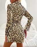 Glitter Lurex Leopard Pattern Turn Down Collar Long Sleeve Slim Fit Ruched Mini Dress Casual Dress