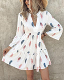 Feather Print Bell Sleeve Ruffles Casual Dress