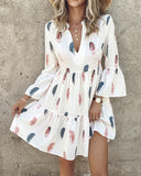 Feather Print Bell Sleeve Ruffles Casual Dress