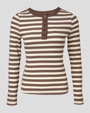 Striped Buttoned Round Neck Ribbed Top