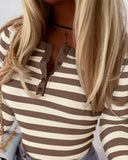 Striped Buttoned Round Neck Ribbed Top