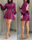 Lantern Sleeve Backless Tied Detail A Line Mini Dress