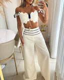 Scallop Trim Off Shoulder Top & Striped Wide Leg Pants Set