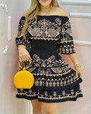 Tribal Print Shirred Ruffles Dress