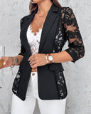 Lapel Neck Lace Patch Single Button Flap Detail Sheer Blazer Coat