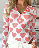 Heart Print Buttoned V Neck Bodysuit