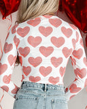 Heart Print Buttoned V Neck Bodysuit