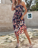 Floral Print Shirred Halter Dress