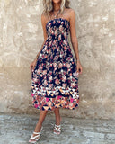 Floral Print Shirred Halter Dress