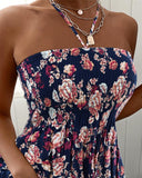 Floral Print Shirred Halter Dress