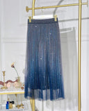 Ombre Sheer Mesh Patch A Line Pleated Glitter Skirt