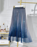 Ombre Sheer Mesh Patch A Line Pleated Glitter Skirt