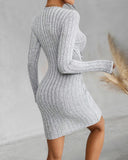 Round Neck Long Sleeve Ruched Ribbed Bodycon Dress