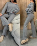 2 Piece Outfits Skew Neck Long Sleeve Pullovers Top Stretchy Waist Flared Pants Set Tracksuit