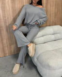 2 Piece Outfits Skew Neck Long Sleeve Pullovers Top Stretchy Waist Flared Pants Set Tracksuit