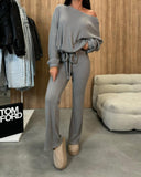 2 Piece Outfits Skew Neck Long Sleeve Pullovers Top Stretchy Waist Flared Pants Set Tracksuit