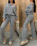 2 Piece Outfits Skew Neck Long Sleeve Pullovers Top Stretchy Waist Flared Pants Set Tracksuit