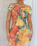 Tie Dye Print Off Shoulder Bodycon Dress