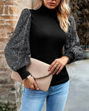 Mock Neck Lantern Sleeve Contrast Sequin Top