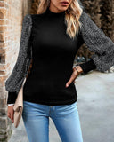 Mock Neck Lantern Sleeve Contrast Sequin Top