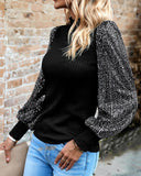 Mock Neck Lantern Sleeve Contrast Sequin Top