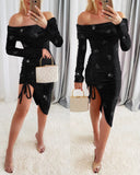 Rhinestone Bowknot Pattern Off Shoulder Bodycon Dress Side Drawstring Asymmetrical Midi Dress