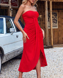 Eyelet Embroidery Bandeau Ruched Slit Casual Dress