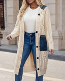 Argyle Textured Cable Knit Longline Cardigan Button Down Denim Patch Hooded Sweater Coat