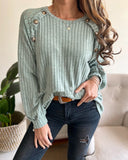 Long Sleeve Casual Crew Neck Dressy Sweatshirt Lace Patchwork Button Decor Pullover Top