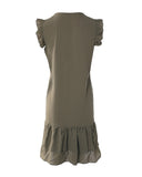 Button Front Ruffle Hem V Neck Casual Dress