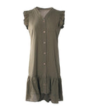 Button Front Ruffle Hem V Neck Casual Dress