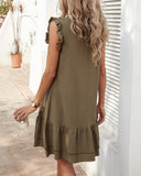 Button Front Ruffle Hem V Neck Casual Dress