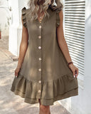 Button Front Ruffle Hem V Neck Casual Dress