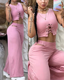 Eyelet Criss Cross Crop Top & Cutout Wide Leg Pants Set