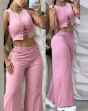 Eyelet Criss Cross Crop Top & Cutout Wide Leg Pants Set