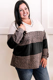 Black Leopard Print Colorblock V Neck Long Sleeve Plus Size Top