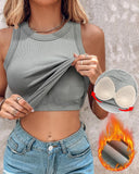 2 Piece Built in Bra Crewneck Tank Top Terry Towelling Lined Sleeveless Slim Fit Layering Shirt Tops