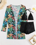 Halter Textured Bikini Top & Shorts Set With Floral Tropical Print Coat