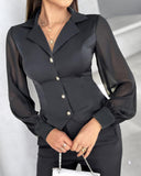 Notched Collar Sheer Mesh Patch Buttoned Blouse Top