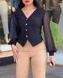 Notched Collar Sheer Mesh Patch Buttoned Blouse Top