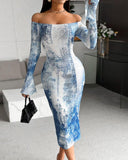 Denim Look Print Off Shoulder Bodycon Dress