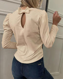 V Neck Puff Sleeve Bowknot Decor Hollow Out Top