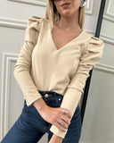 V Neck Puff Sleeve Bowknot Decor Hollow Out Top