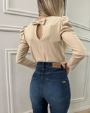 V Neck Puff Sleeve Bowknot Decor Hollow Out Top