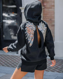 Sequin Wings Pattern Back Slit Hooded Sweatshirt & Shorts Set